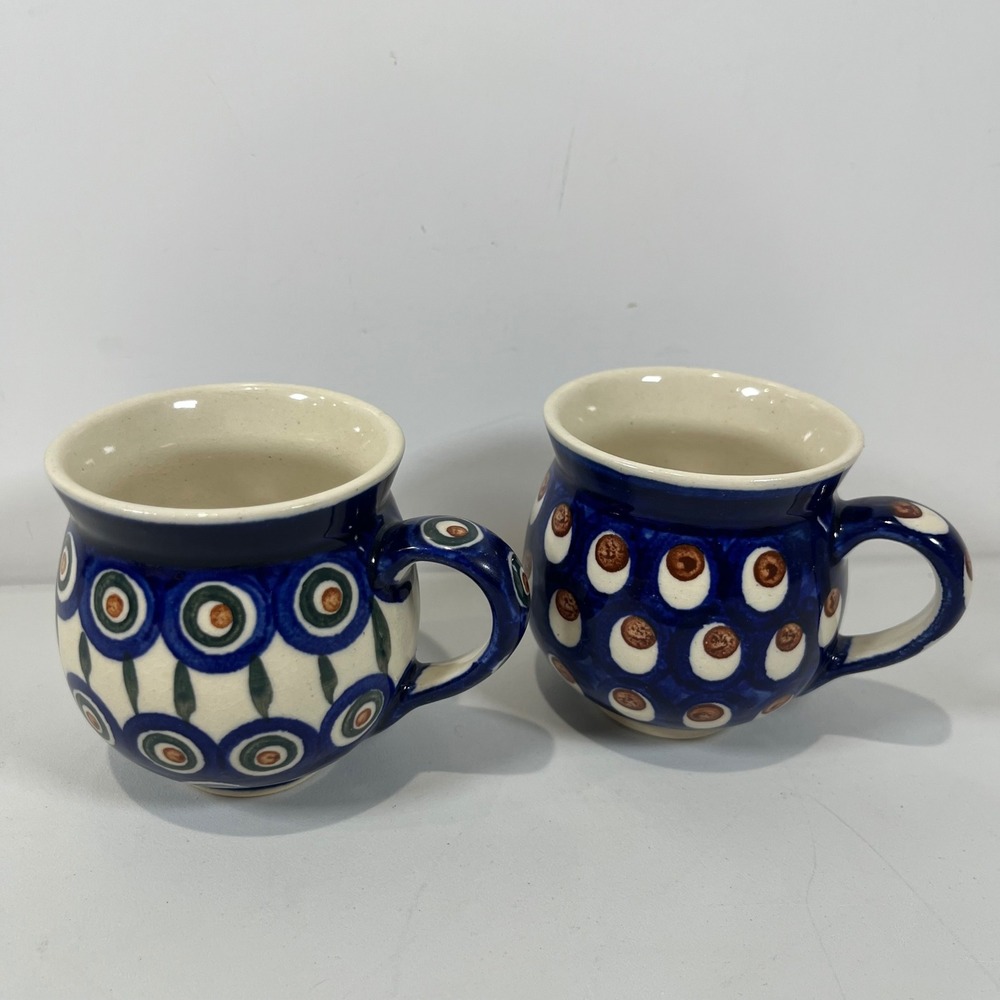 Vtg Polish Pottery Coffee Mug Set Bubble Blue Peacock Eye Boho Folk Boleslawiec